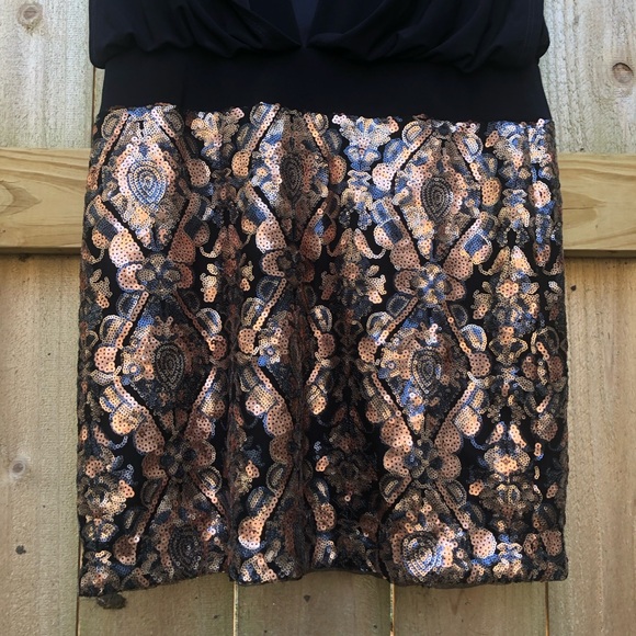 Betsy & Adam Blouson Mini Dress Size 8 Sequin Skirt Black Copper Sleeveless - Picture 7 of 12